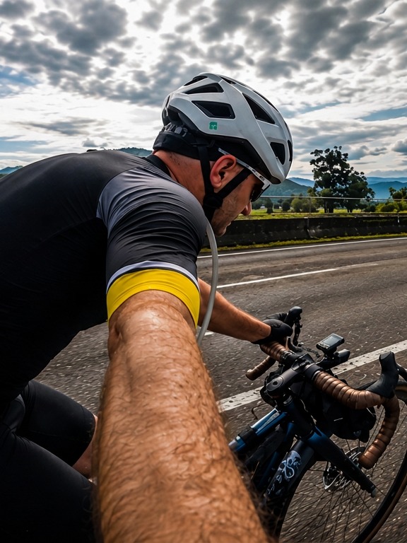 Matheus pedalando em estrada com montanhas ao fundo